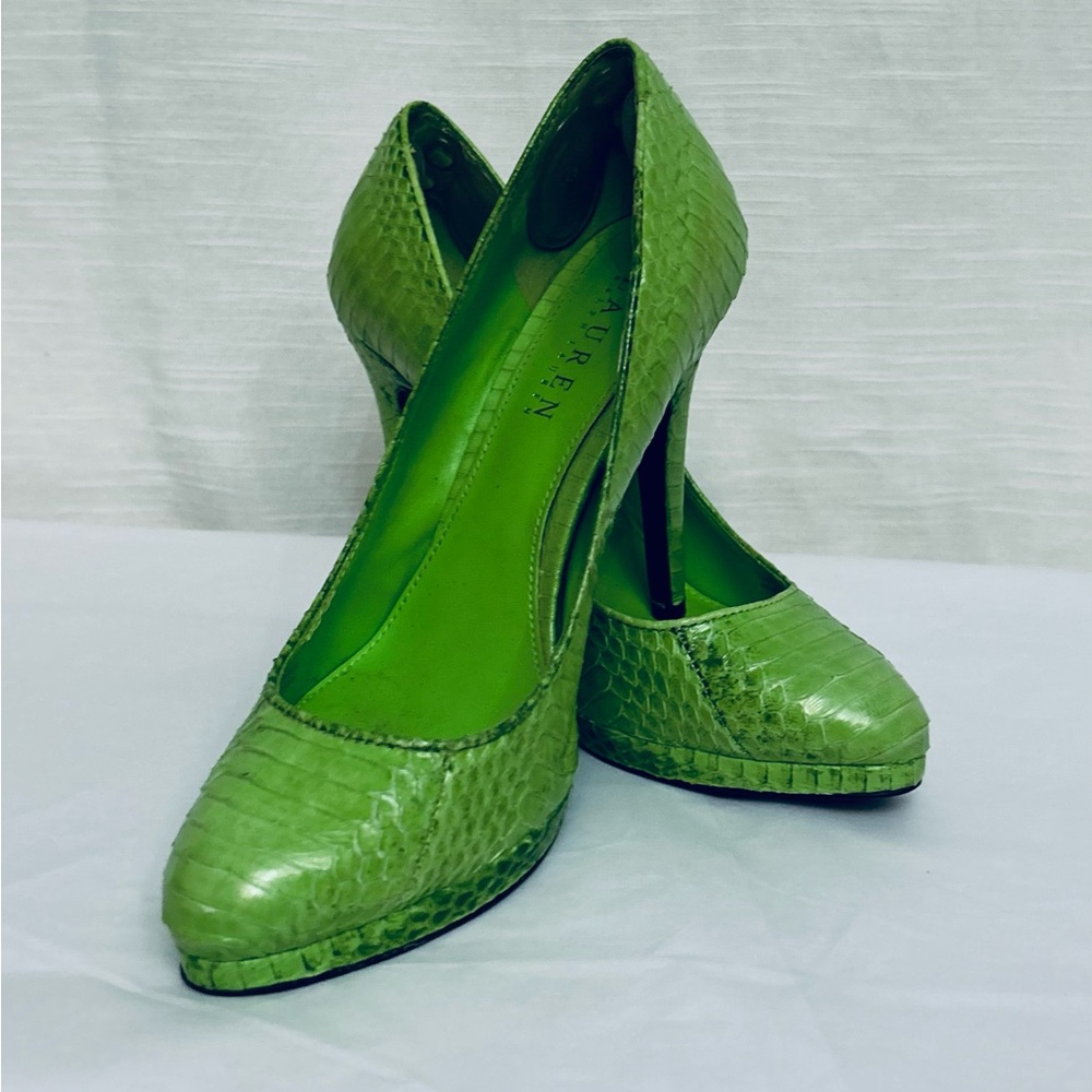 Lauren Ralph Lauren Kailee Bright Green Pointed Toe "Snake Skin" Stiletto Pumps